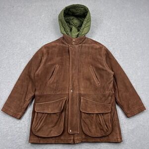 VTG Coach Jacket Men's Medium Brown Nubuck Leather Car Coat + Quilt Hood Lining*